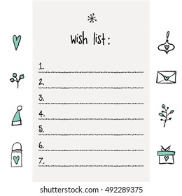 Christmas wish list template. Hand drawn elements. Printable design.