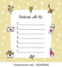 Christmas wish list template. Hand drawn elements. Printable design.