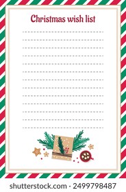 Christmas wish list template with holiday elements.  Vector illustration.