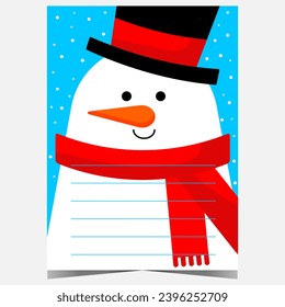 Christmas wish list template for Santa with cartoon snowman in the background. Ready to print example of postcard or letter to Santa Claus with empty space to fill in by kids during winter holidays.