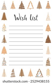 Christmas Wish list template. Winter Holidays preparing Background. Cute wooden handmade Christmas Tree Frame. Template for Card invitation Poster Banner