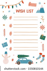 Christmas wish list vector illustration. Decorated notebook sheet page with empty lines. Childish Xmas expectations. New Year holiday items design elements isolated on white background.