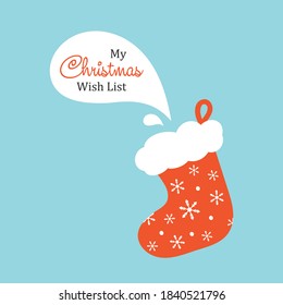 Lista de deseos de Navidad planilla vectorial, tarjeta, banner con tierno estilo de caricatura de navidad, bolsa en forma de calcetín.