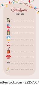 Christmas wish list with winter holiday home decorations and elements. For notes, writing, greeting, shopping, planning. Christmas wish list with flat cartoon illustrations. 