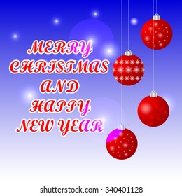 Christmas wishes card. Christmas background with red balls. Vector illustration.