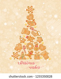 Christmas wishes. Cute Xmas card with colorful funny gingerbread on background with snowflakes. Vector greeting poster.