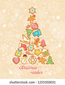 Christmas wishes. Cute Xmas card with colorful funny gingerbread on background with snowflakes. Vector greeting poster. - Shutterstock ID 1255350031