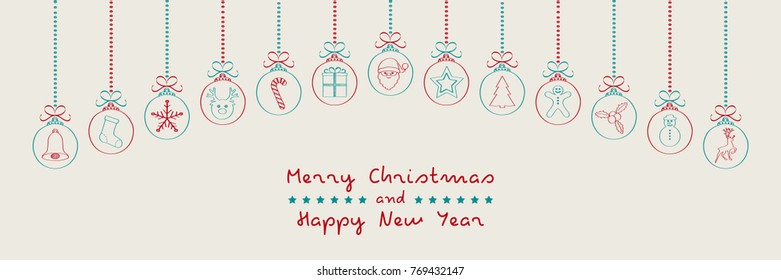 Christmas wishes with different hand drawn baubles. Vector.