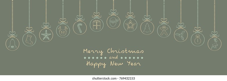 Christmas wishes with different hand drawn baubles. Vector.