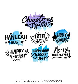 Christmas wishes handwritten lettering collection. Let it snow, holly jolly ink pen phrases isolated on white. Xmas festive design elements, stickers. Happy New Year black calligraphic greetings
