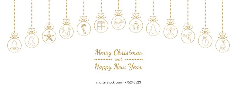 Christmas wishes with hanging balls - hand drawn decorations. Vector.
