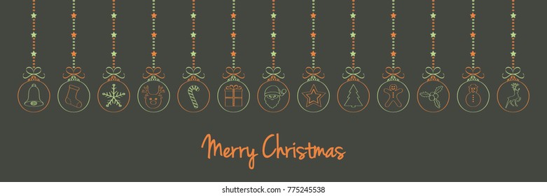 Christmas wishes with hanging balls - hand drawn decorations. Vector.