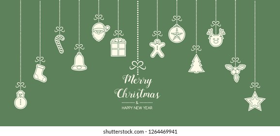 Christmas wishes with hanging decorations. Vector.