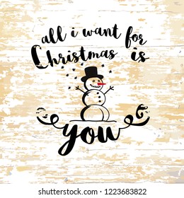 Christmas wishes lettering on wooden background. Vector illustration drawn by hand.
