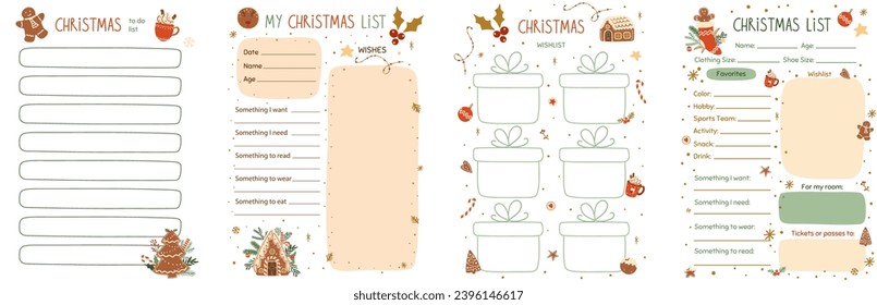 Christmas wishes list template collection. Printable pages set decorated tasty gingerbread cookies, house Vector gift planner, notes, schedule, planner, checklist, notebook. Secret Santa lists.