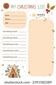 Christmas wishes list template decorated tasty gingerbread cookies, house. Vector winter holiday gifts planner, notes, schedule, planner, checklist, notebook. Sweet kids Christmas list for Santa.