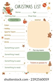 Christmas wishes list template with Christmas dessert tasty gingerbread cookies. Vector winter holiday gift planner, notes, schedule, planner, checklist, notebook. Sweet kids Christmas list for Santa.