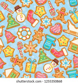 Christmas wishes on seamless pattern. Cute Xmas card with colorful funny gingerbread on background with snowflakes. Vector greeting poster.