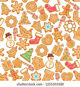 Christmas wishes on seamless pattern. Cute Xmas card with colorful funny gingerbread on background with snowflakes. Vector greeting poster.