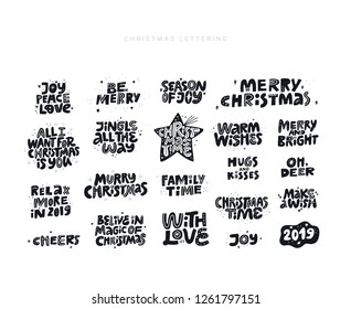 Christmas wishes quotes hand drawn black lettering set. Xmas slogans, phrases collection. Positive handdrawn stylized typography. Winter holiday banner, poster, greeting card isolated design elements