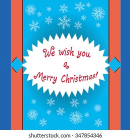 Christmas wishes vector card - abstract christmas background with ribbons, show flakes and star rays shape label with tradition song greeting text. Vector christmas design for flyer, invitation.