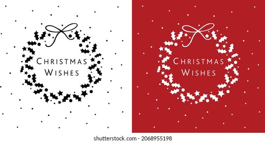 Christmas wishes wreath black on white, white on red background editable vector design for christmas card, print, decoration, scrapbooking, invitation, stencil, sticker, wallpaper, gift wrapping