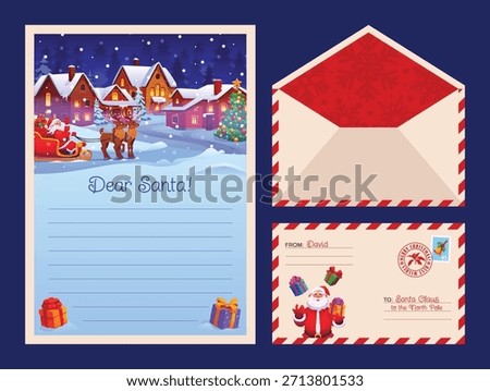 Christmas wishlist and mail letter envelope for Santa. Vector cartoon paper wish list, envelope and stamped mail for Santa. Decorative borders and blank writing space, cozy holiday stationery for kids