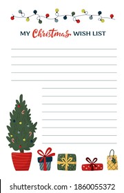 Christmas Wishlist template for kids and adults. Cute hand drawn christmas elements: fir tree, presents and garland. Vector illustration isolated on white background.
