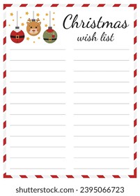 Christmas Wishlist Wish list for Christmas gifts with cute holiday ornament. Gift list. Vector template.