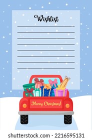 Christmas wishlist. Xmas wish list with copy space for writing. Car with gifts back view. Flat vector illustration. Letter to Santa Claus blank template.