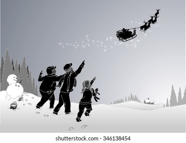 Christmas Witness-Vector Illustration of Kids who saw Santa's flight