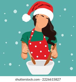 Christmas woman baking cookies. Happy woman in santa hats preparing breakfast for your family for Christmas. Peeple spend time cooking. Vector illustration