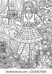 Christmas Woman in Elf Outfit Adults Coloring Page