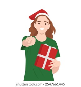 Christmas woman holding or giving gift excited pointing at you. Flat vector illustration isolated on white background
