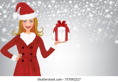 Christmas woman holding present on blurred background, vector