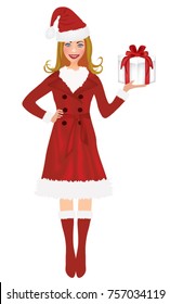 Christmas woman holding present, vector 