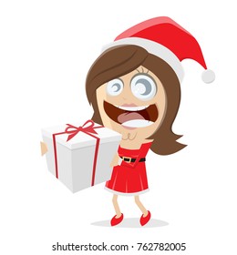 christmas woman in santa claus costume with a gift