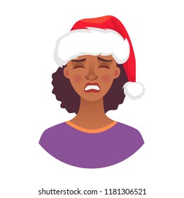 Christmas woman in santa claus hat. Emotions of african american woman face. Facial expression. African girl vector illustration