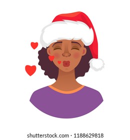 Christmas woman in santa claus hat. Emotions of african american woman face. Facial expression. African girl vector illustration