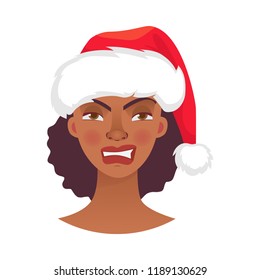 Christmas woman in santa claus hat. Emotions of african american woman face. Facial expression vector illustration