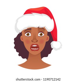 Christmas woman in santa claus hat. Emotions of african american woman face. Facial expression vector illustration