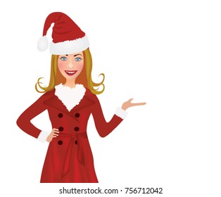 Christmas woman  with santa hat and red coat holding something, vector