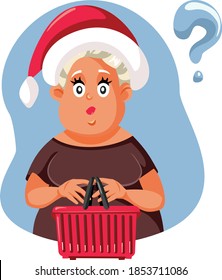 Christmas Woman with Supermarket Basket Shopping. Customer thinking what to buy on holiday sale
