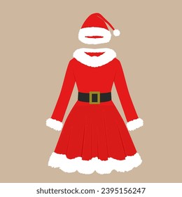 Christmas women santa dress costume and hat vector icon. Xmas hat illustration. Flat design cartoon dress winter holiday design element. Party time hair accessory.