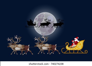 Christmas wonderland scene with Santa Claus sleigh flying in the night sky. Vector illustration