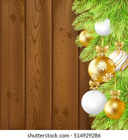 Christmas wood  background with gold, white balls, and fir-tree. Vector illustration.