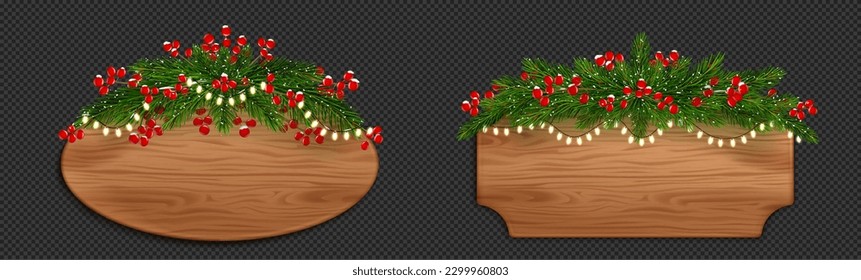 Christmas wood sign board with fir and red berries. Realistic winter wooden signboard frame with evergreen xmas theme design. Isolated 3d title label illustration with pine decoration and garland