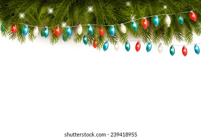 Christmas wooden background with branches and a garland. Vector 