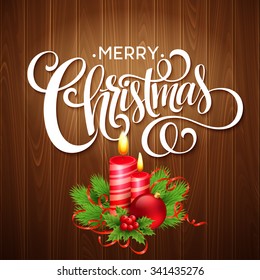 Christmas wooden background with burning candles. Vector illustration EPS10