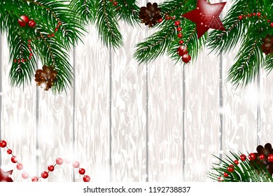 Christmas wooden background with fir branches and snow. Merry christmas. vector illustration. Christmas card. Vector background